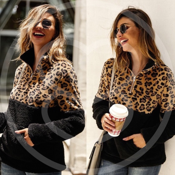 Sweaters - RANDALL leopard Print Furry Zipper Sweater